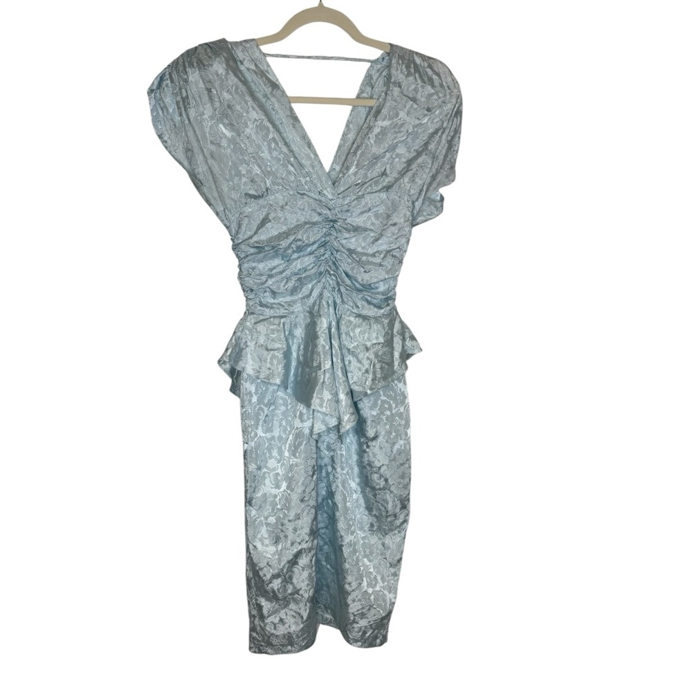 👗✨ Steppin‎ Out Vintage Powder Blue Jacquard Ruched Peplum Dress ✨👗